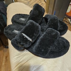UGG Australia Fuzz Yeah Furry Black Sheepskin Slip Sandals Shoes US 8